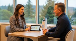 Dental professional consulting with a patient in a modern clinic about laser periodontal therapy.
