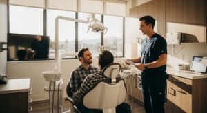 Dr. Vikas Puri discussing dental care with a patient in a modern clinic setting