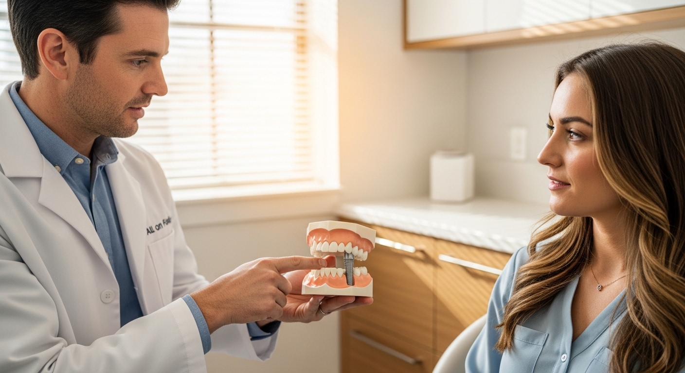 Dentist explaining 'All on Four' dental implants to a patient using a dental model.