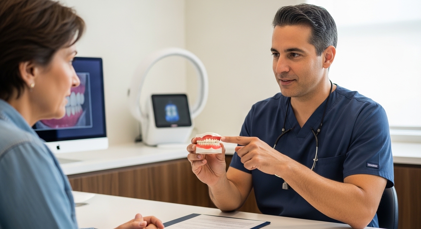 Dr. Vikas Puri consulting a patient about bad breath treatment in a modern dental office