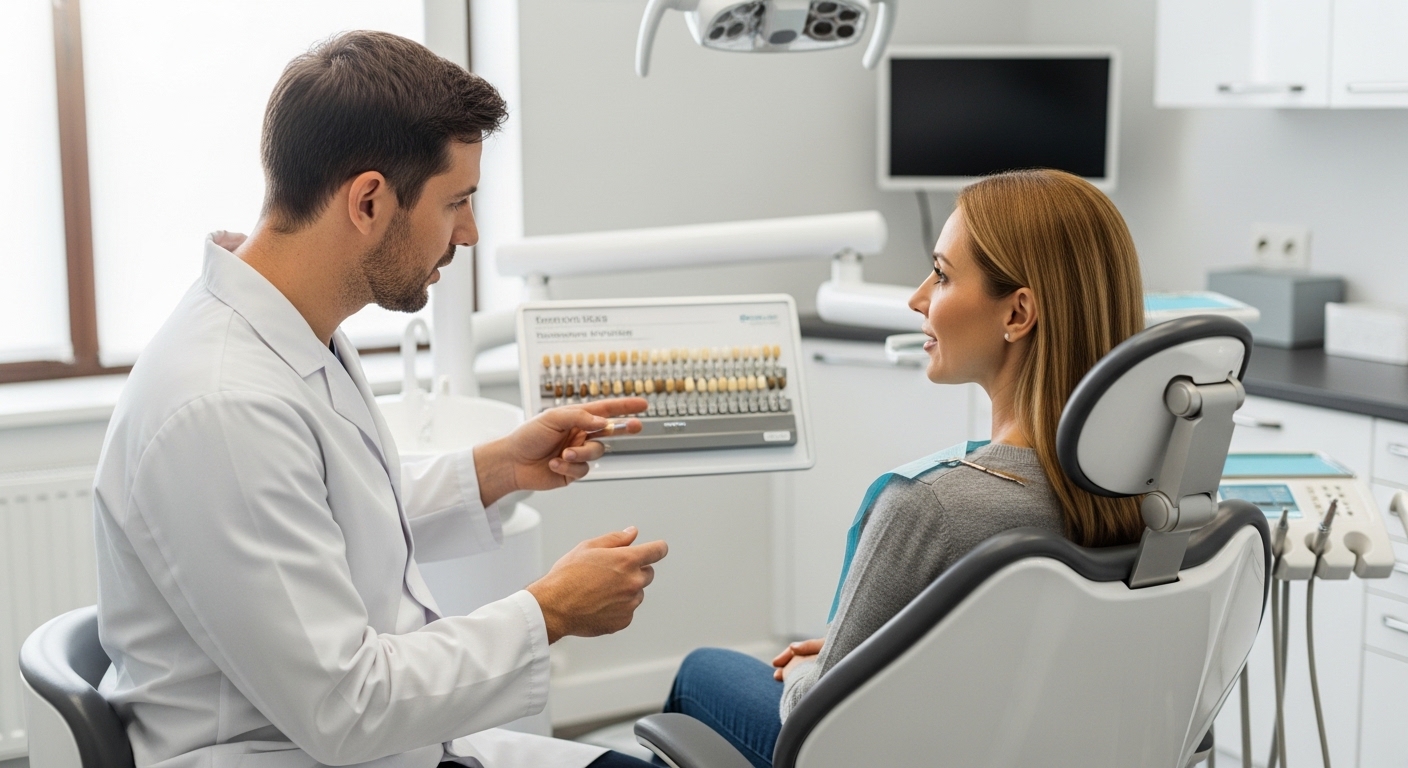 Dentist and patient discussing teeth whitening options in a modern dental office